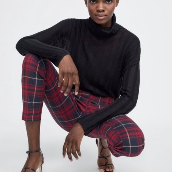 Zara Basic Plaid Jogger Waist Ankle Pants in Red Navy Size US XL. - Picture 2 of 9